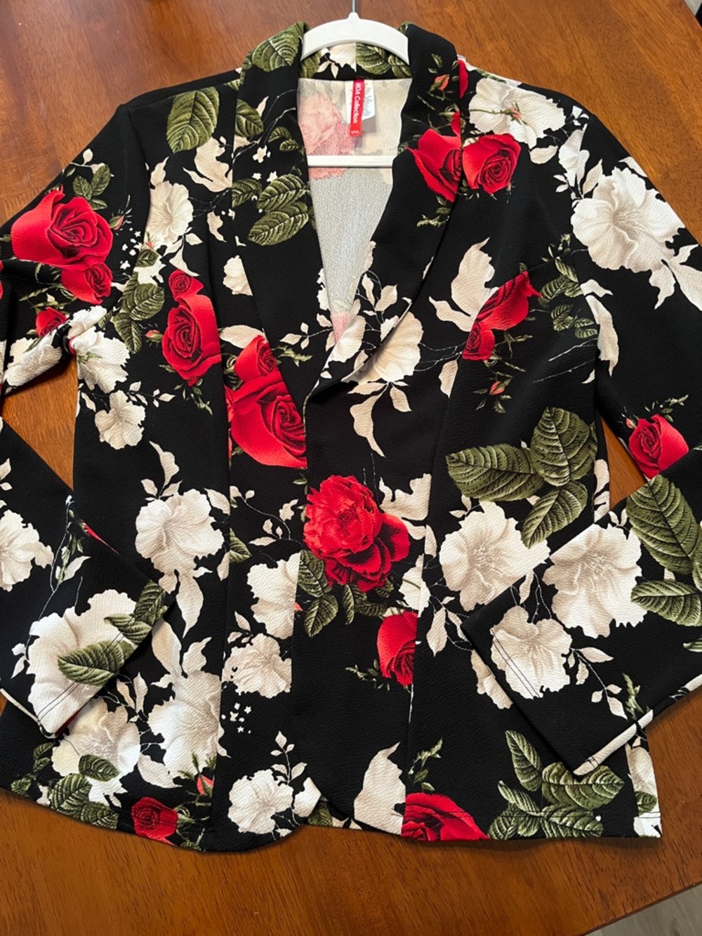 MOA USA Black Blazer with Red Rose and White Floral Print